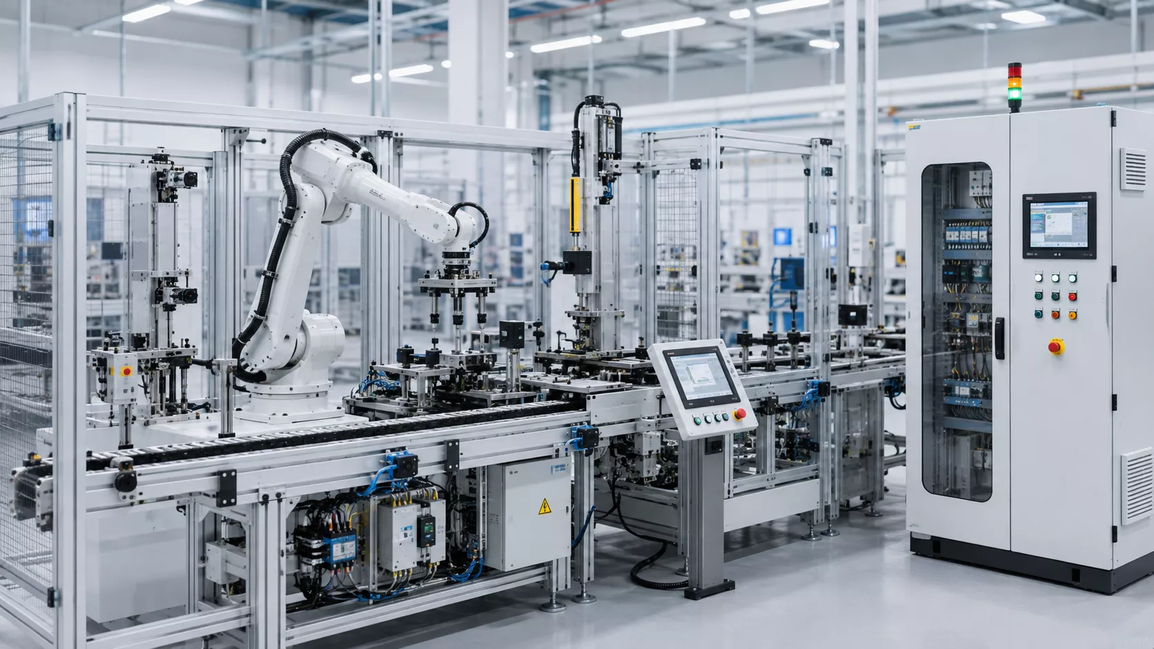 Celda de automatización industrial con brazo robótico, transportador y sistemas de control