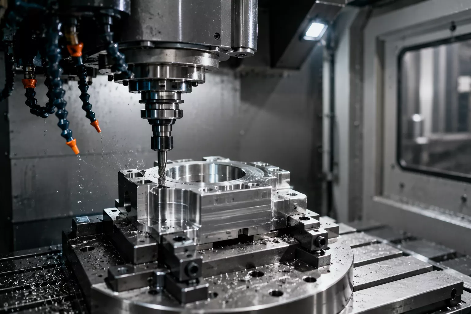 Maquinado CNC de precisión de una pieza metálica industrial